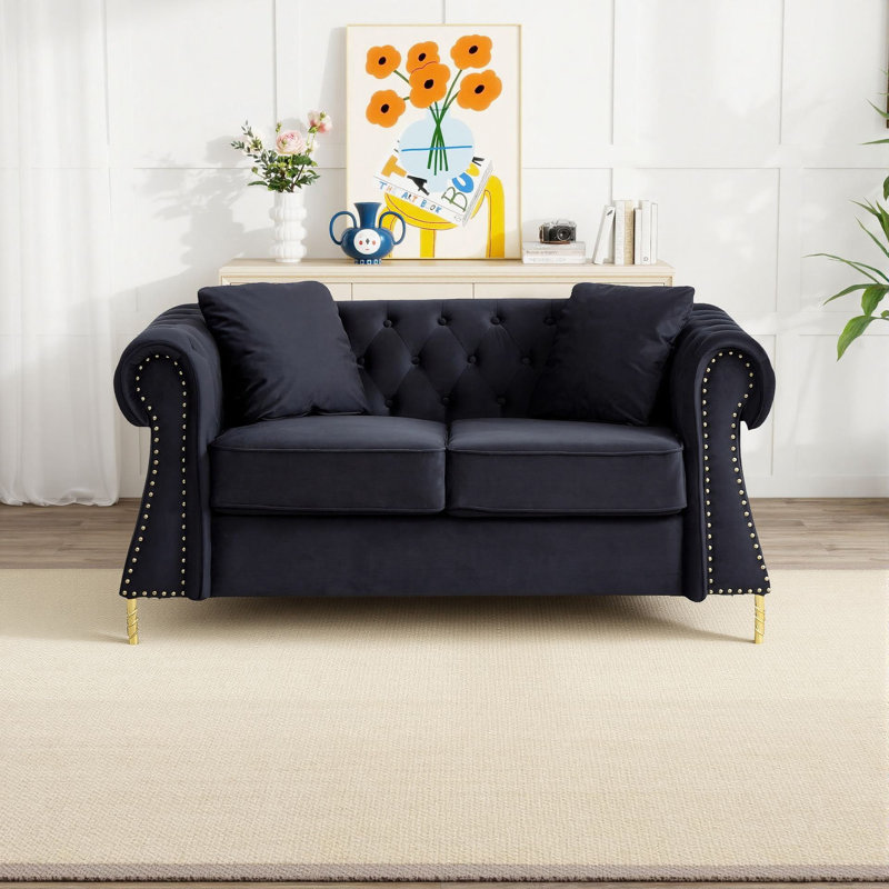 Canapé Chesterfield 2 places 147 cm (58 po), causeuse deux places en velours avec coussins décoratifs pour salon, appartement et chambre à coucher