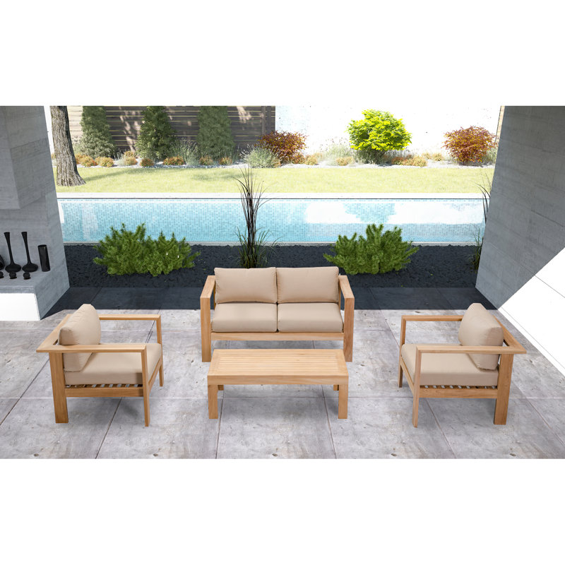 Ando 4 Piece Teak Sofa Seating Group with Sunbrella Cushions, 4Pcs: Table, Loveseat, 2 Chairs