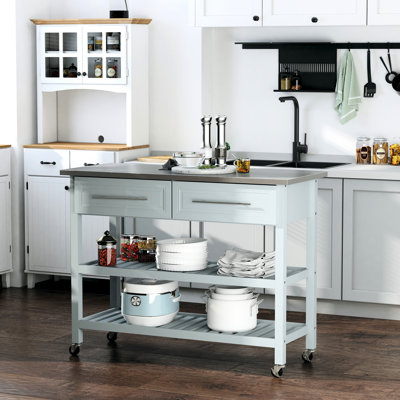 Îlot de cuisine avec plateau en acier inoxydable, îlot de cuisine traditionnel avec rangement, 2 tablettes ouvertes, tiroirs, gris clair