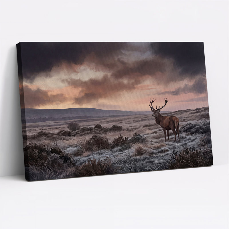 Tableau sur toile représentant un cerf debout dans un champ herbeux au coucher du soleil, pour l'Halloween, H 20 po x l 30 po