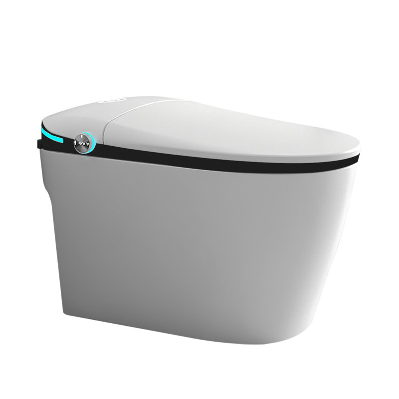 Toilette intelligente avec capteur de pied à fermeture automatique, chasse d'eau siphonique, eau chaude, lavage arrière, siège blanc ouvert / fermé bidet, affichage à DEL, sécheuse, porcelaine féminine, désodorisation, lavage en mouvement