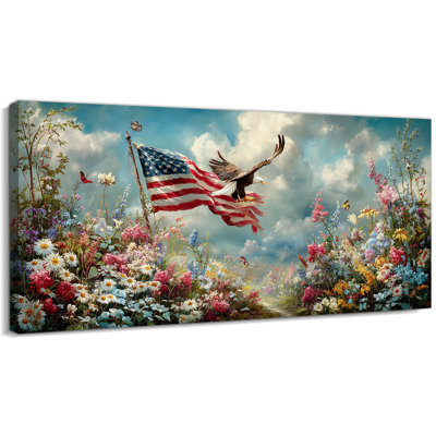  Patriotic Canvas Wall Art - American Flag Picture with Bald Eagle in Scenic Flower Landscape, 4th of July Wall Decor, Americana Artwork for Home Decoration, 16×32 inches