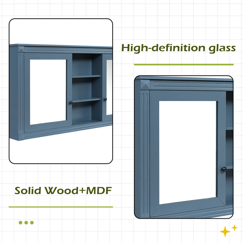Armoire à miroir 55 pouces 2-en-1 à fixation murale avec tablettes réglables et charnières à fermeture en douceur, Bleu