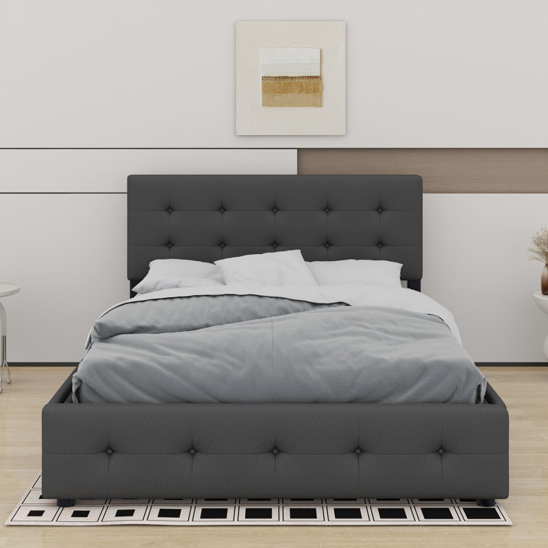 Grand lit plateforme tapissier avec 2 tiroirs et un lit gigogne, Gris foncé