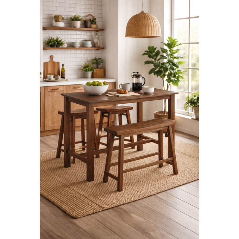 Colynn Counter Height Rubberwood Solid Wood Dining Set, Chestnut Wire-Brush, 4