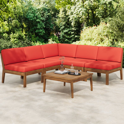 Wood 5 Seater Sectional Armless With And Red, Removable Cushions Versatile Arrangement For Outdoor Getaway Red Slatted Seating Water- Unwind