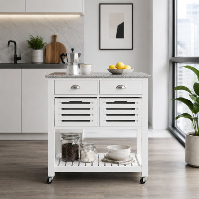 Chariot d'îlot de cuisine blanc, robuste et de style panneau avec tiroirs inférieurs et paniers coulissants en filet de métal; Chariot de rangement multifonctionnel avec roulettes omnidirectionnelles.