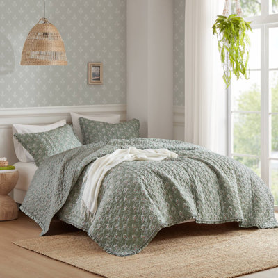 Ensembles de literie vert sauge Farmhouse Chic, ensemble de courtepointe à volants 3 pièces avec matériau en microfibre pour un confort toutes saisons