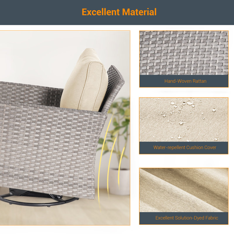  Ensemble de conversation 5 pièces en osier avec coussins et chaises berçantes pivotantes, Beige