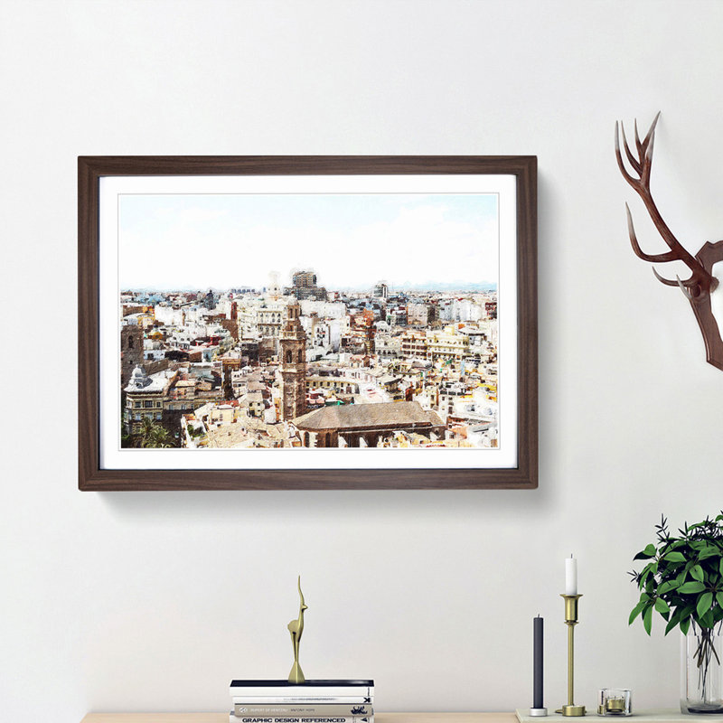 The Valencia Skyline in Spain - Picture Frame Painting Print, Walnut Framed, 27cm H x 36cm W x 2cm D