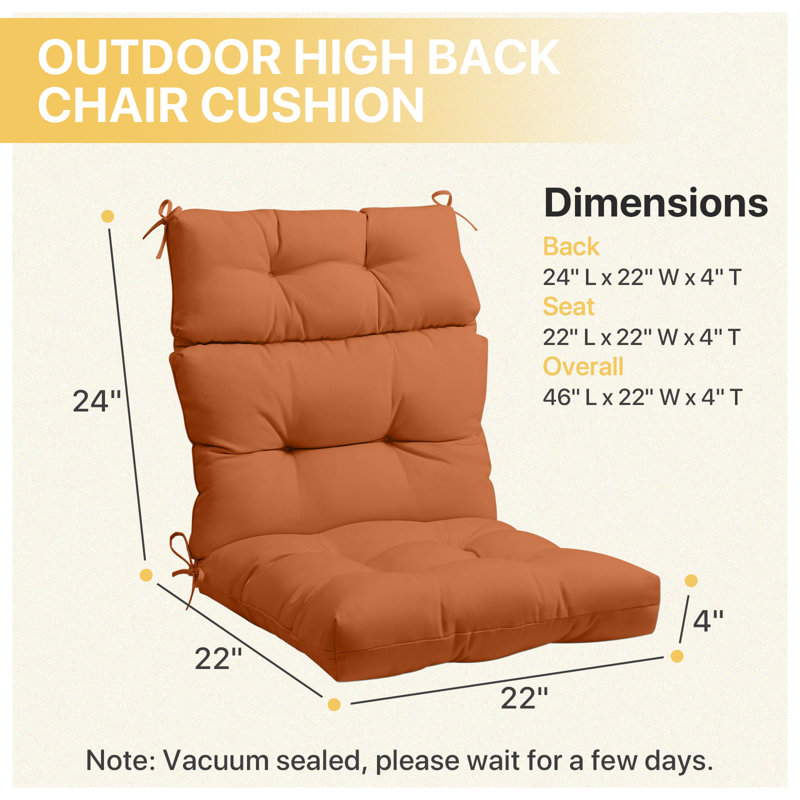 2 Piece 4" Thick High Back Chair Cushion Indoor and Outdoor Seat / Back Cushions with Straps, Orange