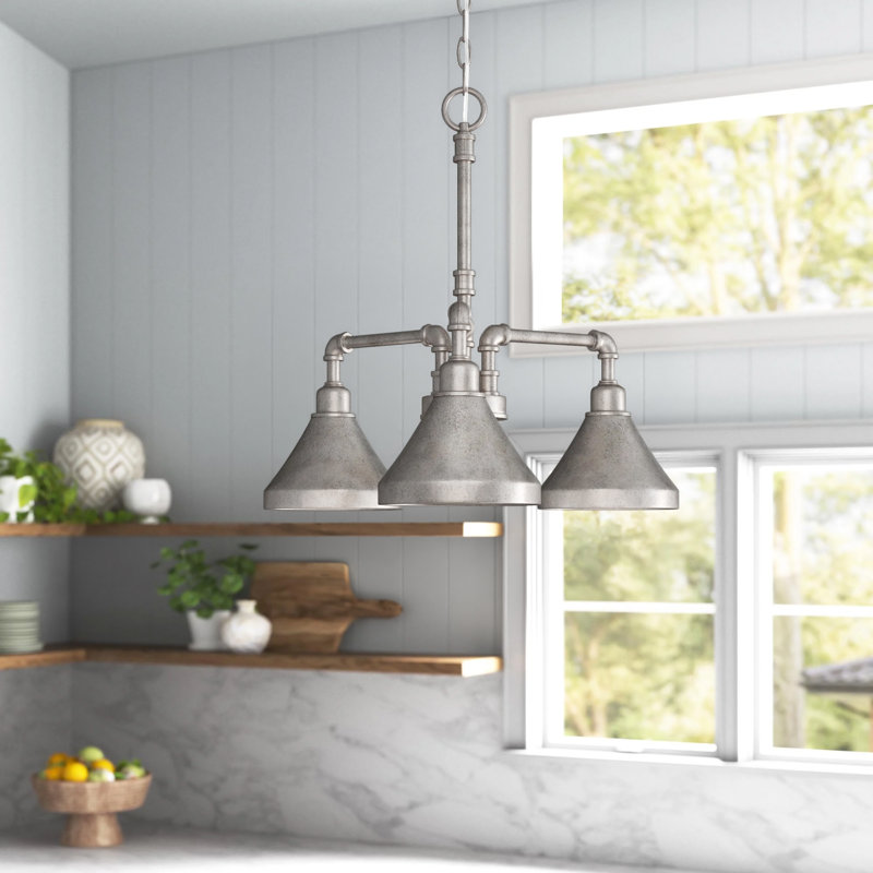 Eilif Vintage 3 Light Downlight Chandelier With Cone Metal Shades, Aged Silver, 19.5" H x 20.75" W x 20.75" D