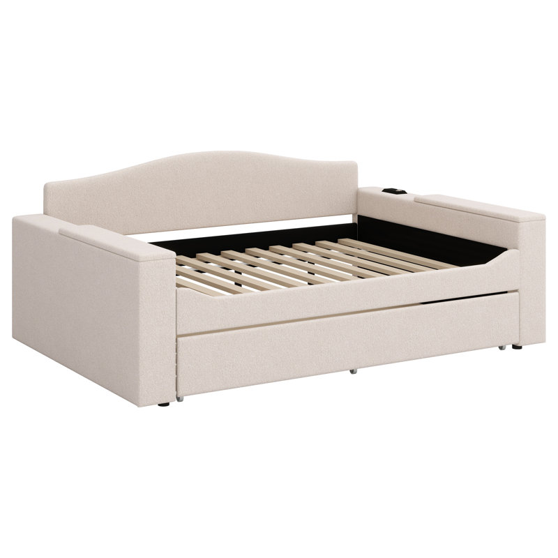 Upholstered Daybed With Storage Armrests, Trundle And Latest Integrated Bluetooth Audio System, Beige