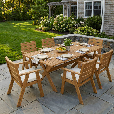 Ensemble 7 pièces de salle à manger d'extérieur en bois d'acacia, 6 grandes tables et 1 grande table, ensemble de mobilier de salle à manger pour pelouse, cour, terrasse de jardin, bord de piscine, teck