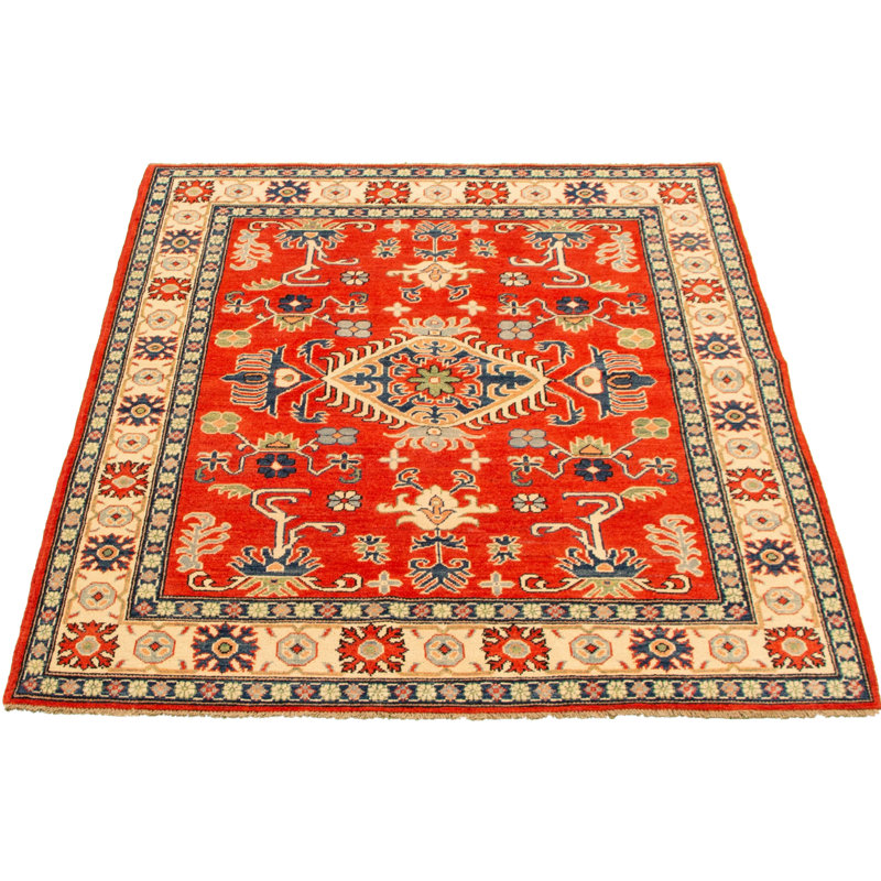 Tapis décoratif en laine rouge/beige à motif de noué à la main new age finest de conception unique 4 pi 10 po x 6 pi 5 po new age