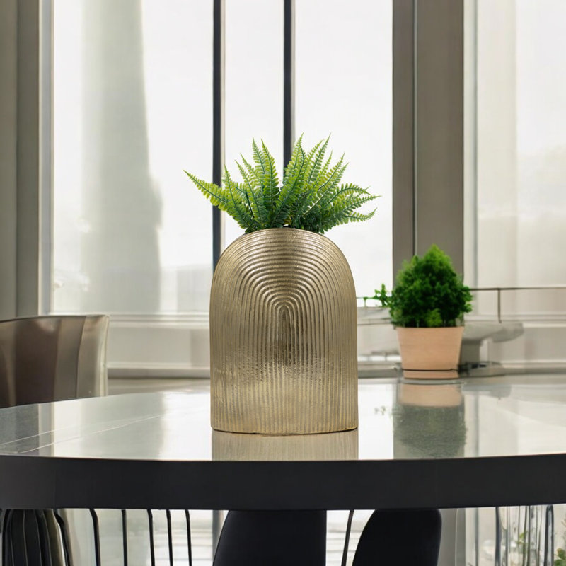 Modern Metal Aluminum Decorative Vase with Sleek Curved Textured Design and Sculptural Contemporary Minimalist Styling for Accent Table or Shelf Display in Living Room or Entryway Decor Piece