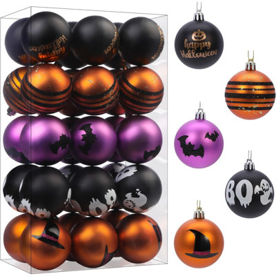 Ornements en forme de boules de sapin d'Halloween 30Ct 2,36 pouces, décorations colorées en plastique incassable pour fête d'Halloween (noir et orange mauve, 6cm)