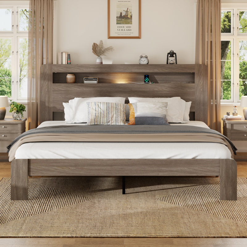 Farmhouse Wooden Bed Frame with Storage Headboard, Platform Bed with Charging Station & LED Light, King, Gray
