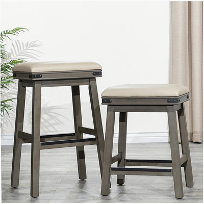 Tabouret de comptoir 24 po, finition gris patiné, siège en cuir gris français