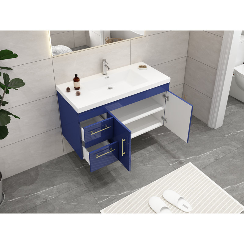 Carliss 41.5 " W Wall Mounted Wall Mounted Single Double Single Vanity Bathroom Vanity With Acrylic Top, Night Blue, Sliver
