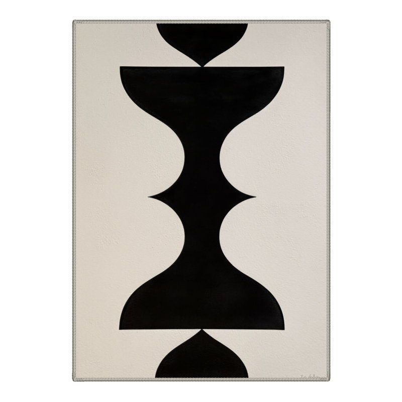 Vesselum Abstract Machine Washable Beige / Black Indoor Area Rug with Non-Slip Backing, Round 5'