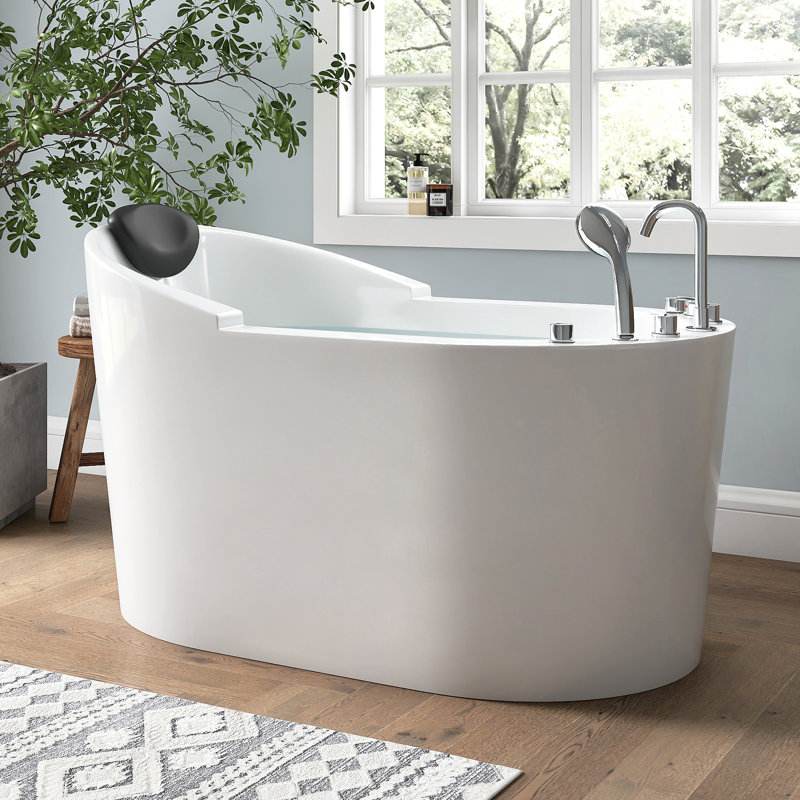 51 in. Acrylic Whirlpool Freestanding Bath Tub Oval Shaped with 6 Water Jets Soaking SPA,Single-Ended Massage Bathtubs with Black Pillow and Seat, White