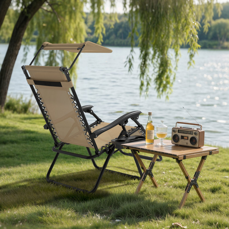 Zero Gravity Chair With Canopy Shade 330 Lb Capacity Adjustable Recliner Headrest For Outdoor Patio Or Beach, Beige