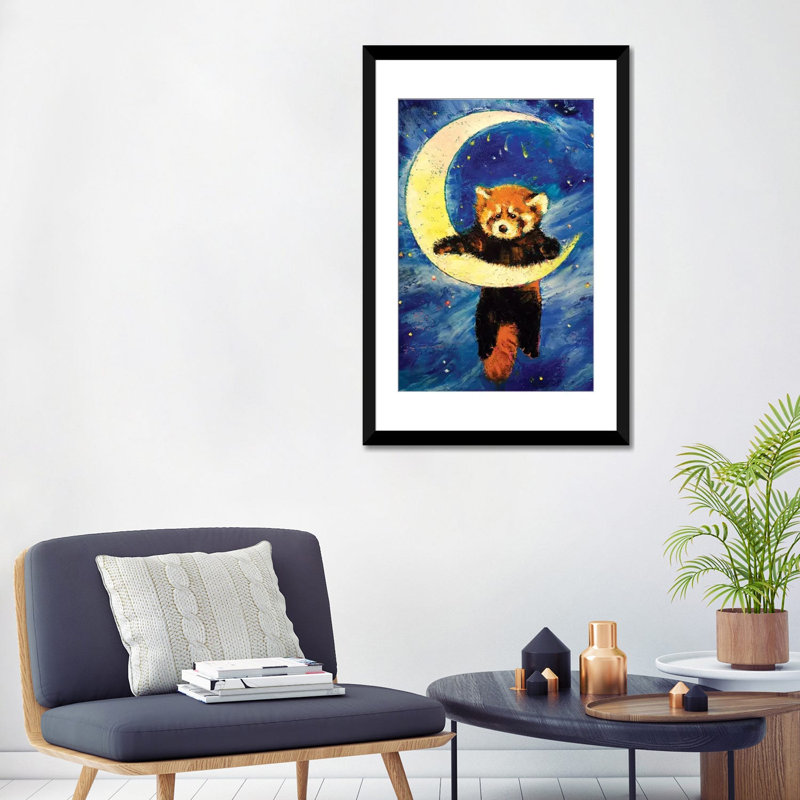 « red panda stars », peinture sur toile tendue, H 32 po x l 24 po x P 1 po, Papier d'art encadré noir, Blanc