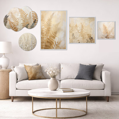 «Golden Ferns Silent Symphony I - Botanical Harmonious Mixed Media», art mural à 5 panneaux (100 po x 40 po)