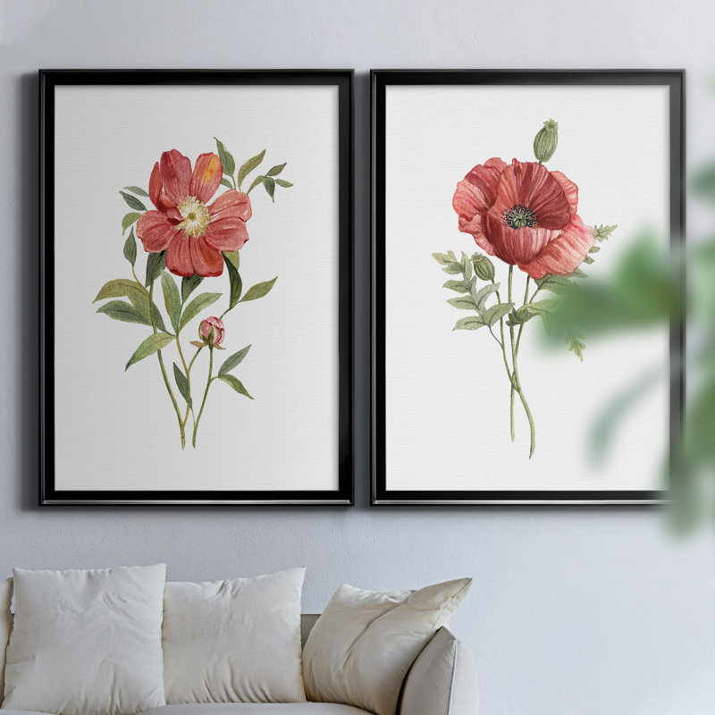 Pivoine écarlate - ensemble de 2 reproductions d'art, H 26,5 po x l 73 po x P 1,5 po, Toile avec cadre noir, Pas de tapis