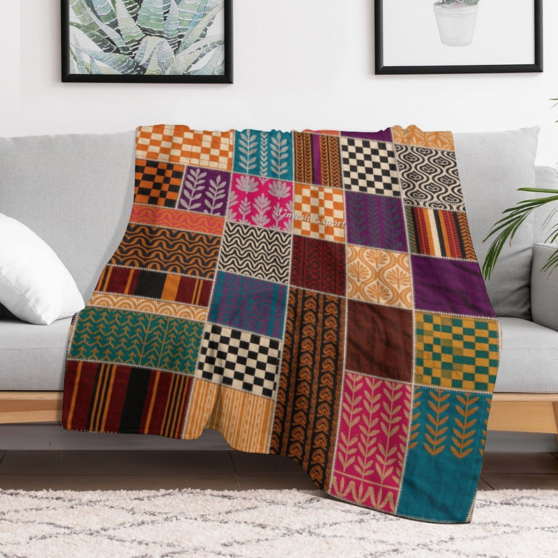 Couverture en patchwork avec jeté en flanelle de luxe, douce et chaude, idéale pour le salon, le canapé, le lit et la décoration intérieure.