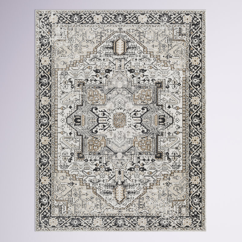 Haughton Machine Washable Oriental Black/Taupe Area Rug, Rectangle 9'3" x 12'