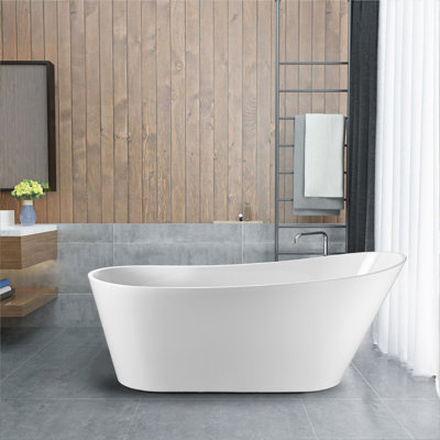 Modern White Freestanding Soaking Bathtub In Pure Acrylic With Overflow And Side Drain