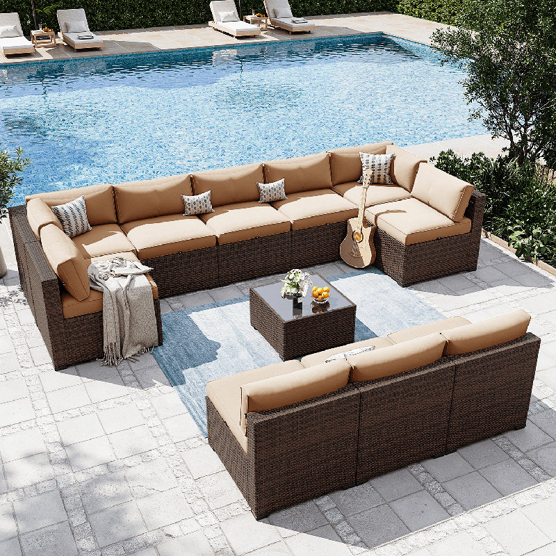 Ensemble de conversation modulaire en rotin avec coussins 11 pièces , Beige, Brun