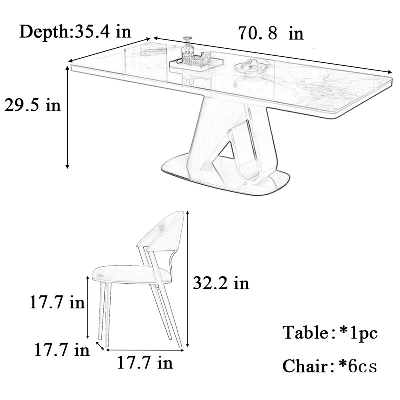 Light luxury rectangular dining table and chair, 29.5"H x 70.8"L x 35.4"W