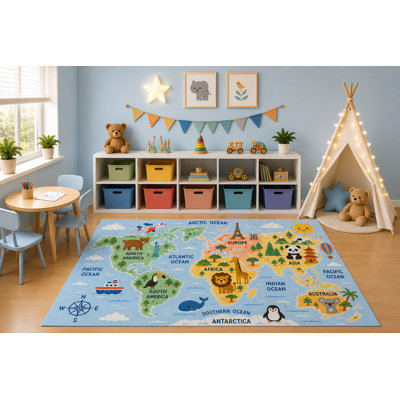 Tapis de carte du monde pour enfants 5 pi x 7 pi «Ultra Léger» Chambre de jeu pour chambre de bébé, Continents éducatifs Animaux, Géographie
