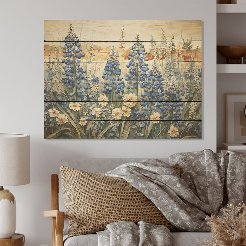 «Magical Blue Bonnets Grass Meadows I», art mural en bois sur bois de pin naturel, H 10 po x l 20 po
