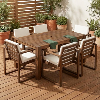 Rustic Patio Table And Chairs Set For 6 - Outdoor Dining Furniture With Umbrella Hole, Durable Wooden Frame, Cushions Included