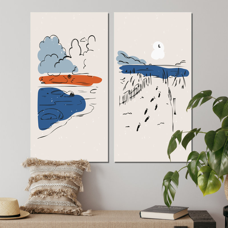«Blue and Orange Retro Landscape I», ensemble de 2 peintures, Toile tendue, H 32 po x l 32 po x P 1 po