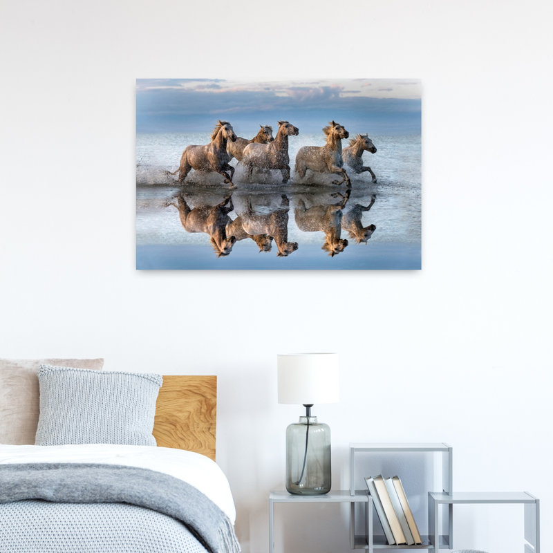 Wild Horses Running Water Contemporary Horse Nature Ocean Wall Art Print by Xavier Ortega - Wrapped Canvas Print