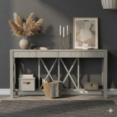 Console de 60 pouces fabriquée en placage d'acacia, dotée de quatre tiroirs spacieux et d'un design croisé moderne avec rangement ouvert au bas. Une table de canapé de style campagnard pour les salons, les cuisines, les salles à manger et les couloirs.