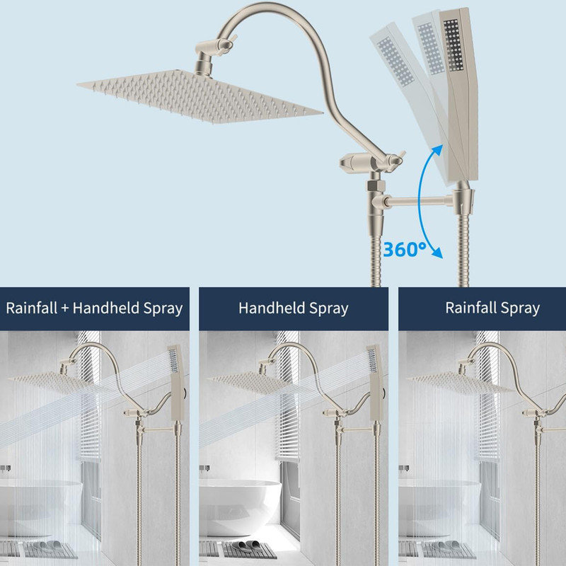 Brushed Nickel Adjustable Dual Shower Head with Handheld Wand