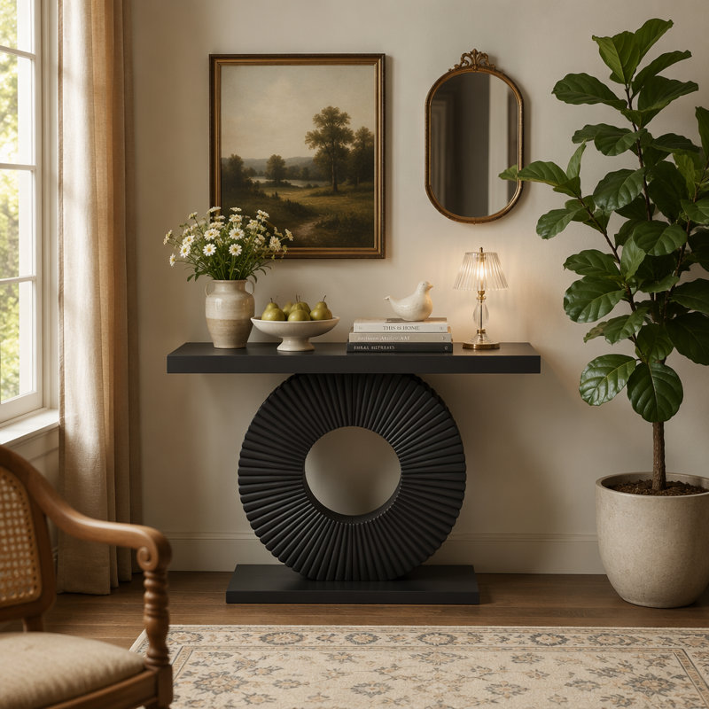 Canapé moderne en bois avec base géométrique, Brown / Black, Brown, Black