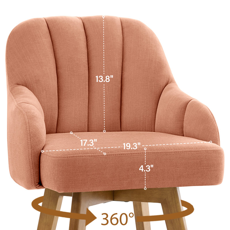Tabouret de bar rotatif rembourré 27 ", ensemble de 6, avec pieds en bois d'hévéa massif, siège pivotant à 360 ° et dossier en coquille capitonnée - rose