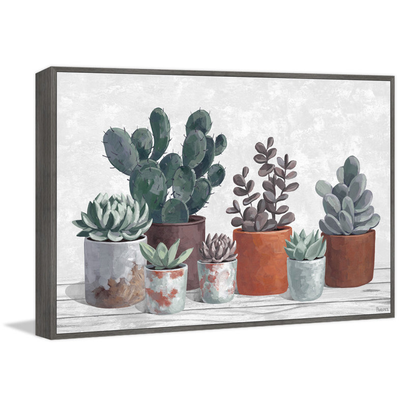 Succulent Clay Pots by Parvez Taj - Floater Frame Painting on Canvas, 30cm H x 45cm W x 3.81cm D