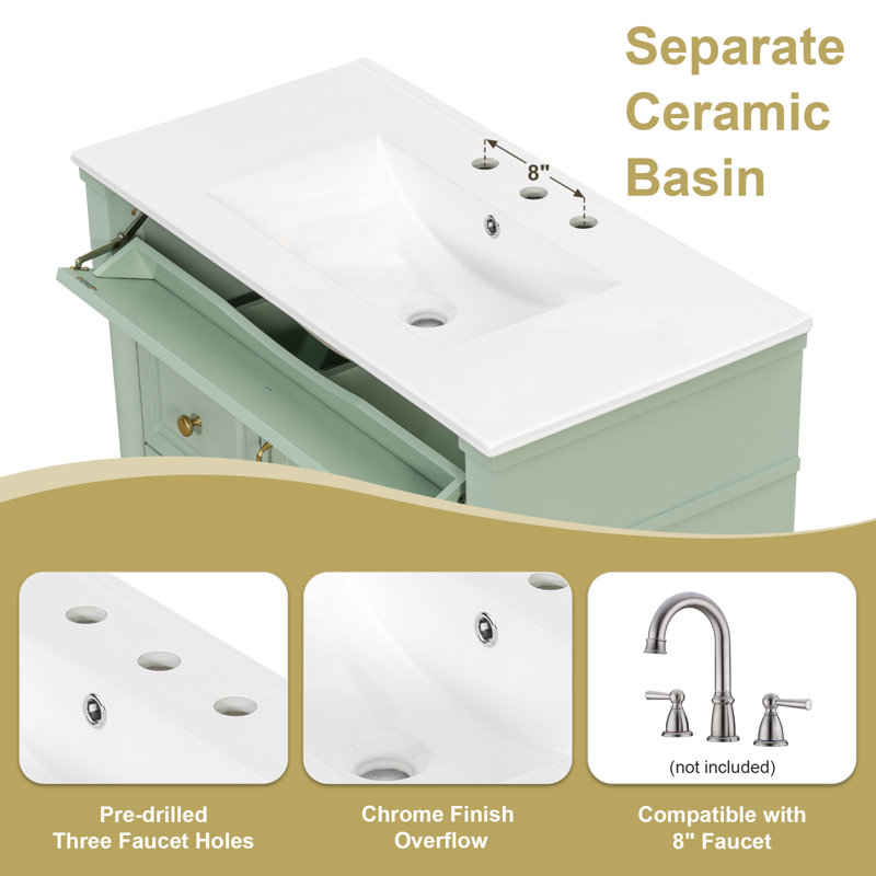 Meuble-lavabo simple sur pied 36 po avec comptoir en céramique, tablette réglable et tiroirs, Vert