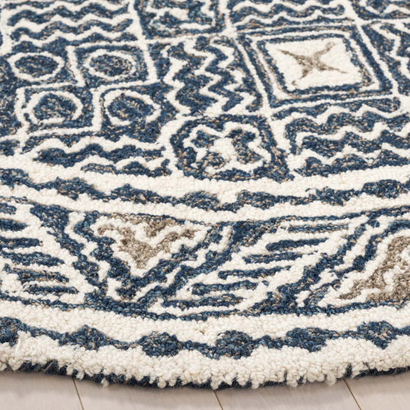 Tapis bleu marine / ivoire en laine / coton touffeté à la main Manwell, Rond 5 pi