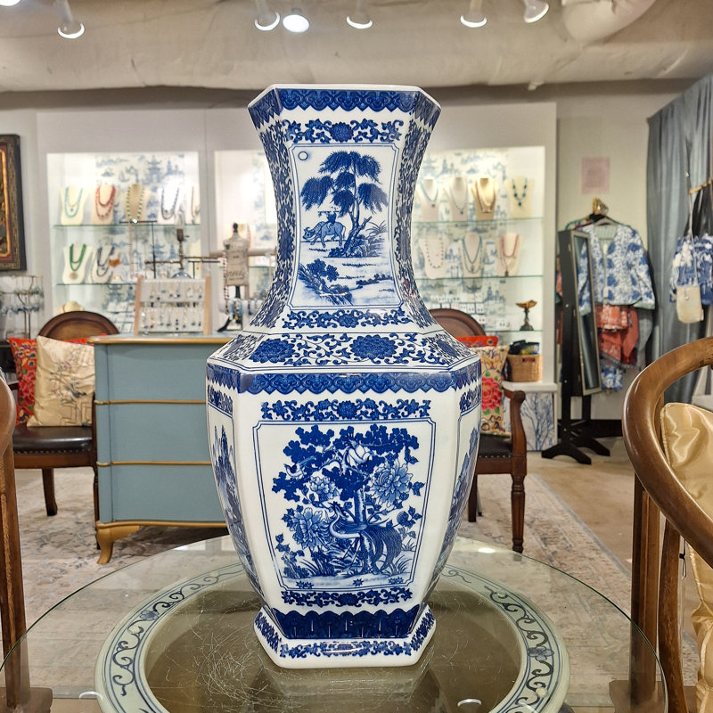 Hex Blue and White Landscape Vase
