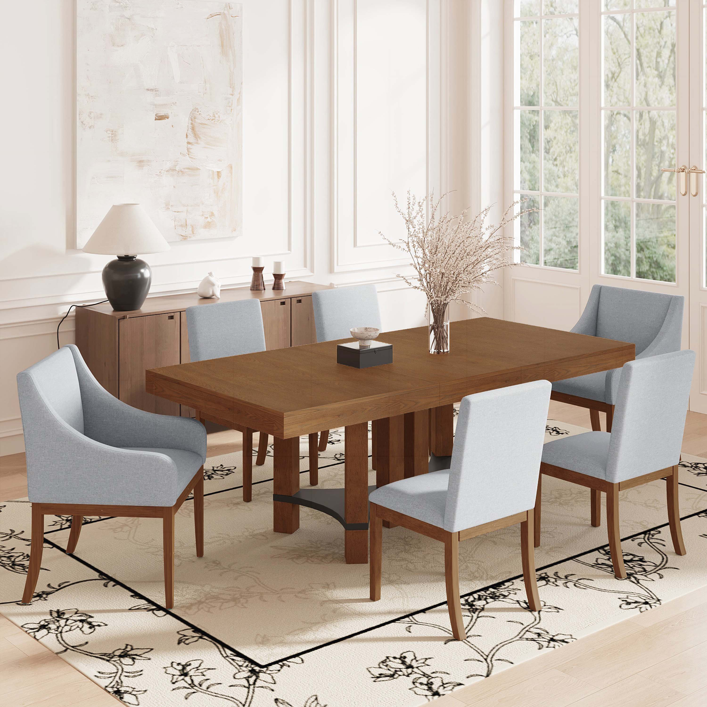 6-Piece Dining Table Set, Farmhouse 60 Inches Extendable Pedestal