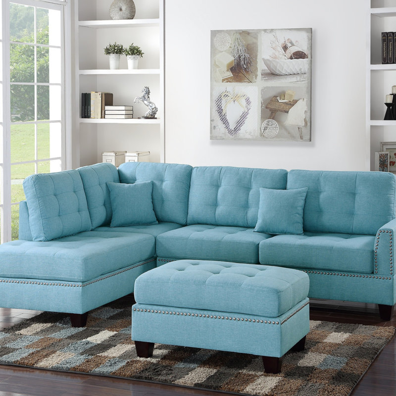 Canapé modulaire réversible 3 pièces Modern, Lin bleu en polyfibre
